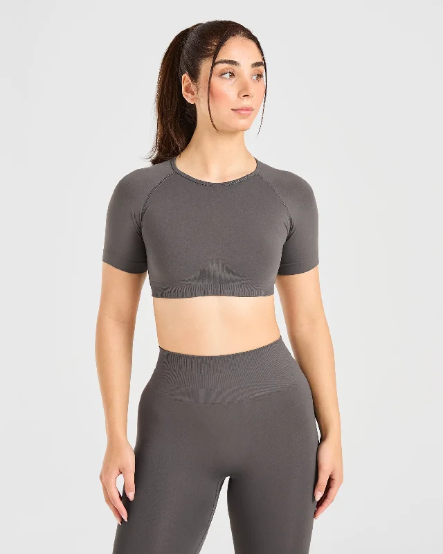 Power Seamless Crop Top - Charcoal Summer Crop Top Casual Short Sleeve