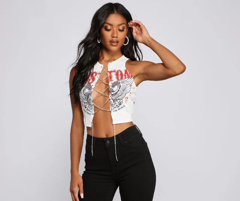 Rock N'Glam Rhinestone Lace-Up Crop Top Print Jacquard Patchwork