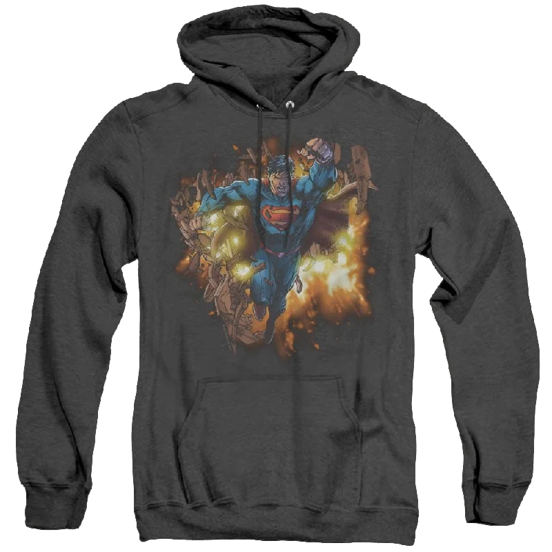 Superman Blasting Through - Heather Pullover Hoodie Lantern Sleeve Elegant