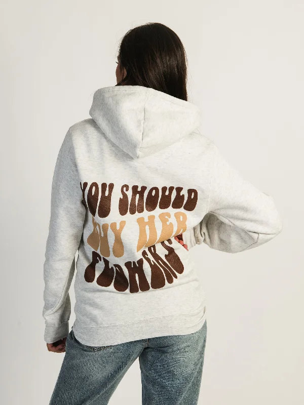 VERBAGE BUY HER FLOWERS HOODIE Hoodie with Hem Drawcord Adjustable Customizable