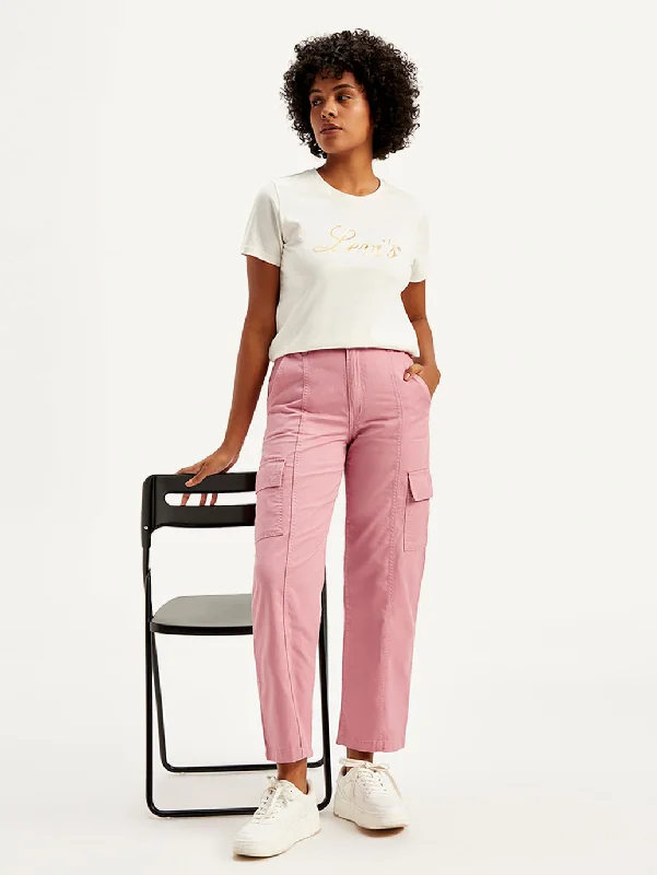 Women's Mid Rise Pink Tapered Cargo Trousers Trousers Cargo Utility
