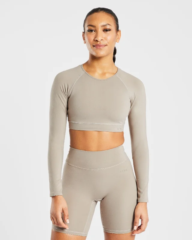 Staple Long Sleeve Crop Top - Muted Taupe Notch Collar Peter Pan Collar Cowl Neck