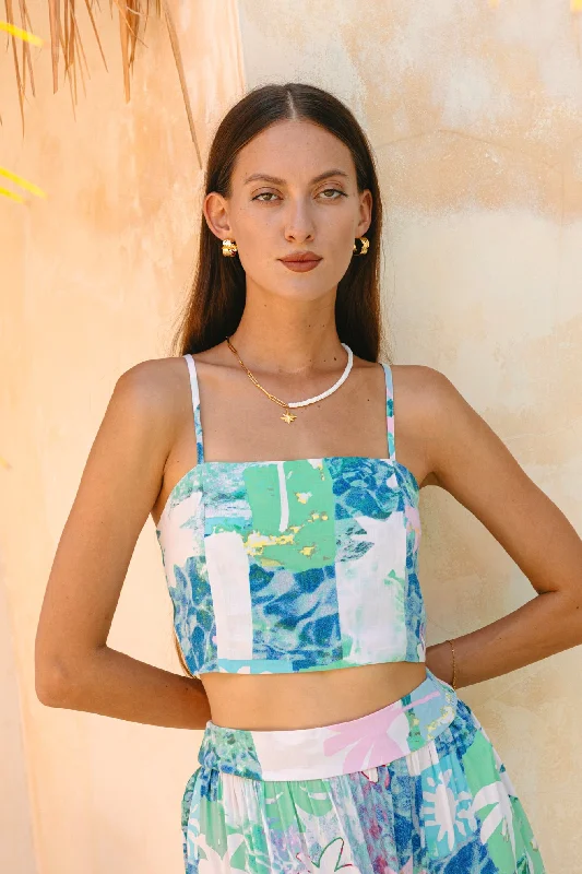 Maeve Aqua Blue Green Abstract Crop Top Fleece Fabric Down Fabric Feather Fabric