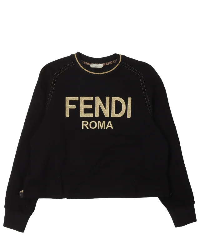 Gold-Trimmed Logo Sweatshirt Hoodie with High-Low Hem Asymmetrical Trendy