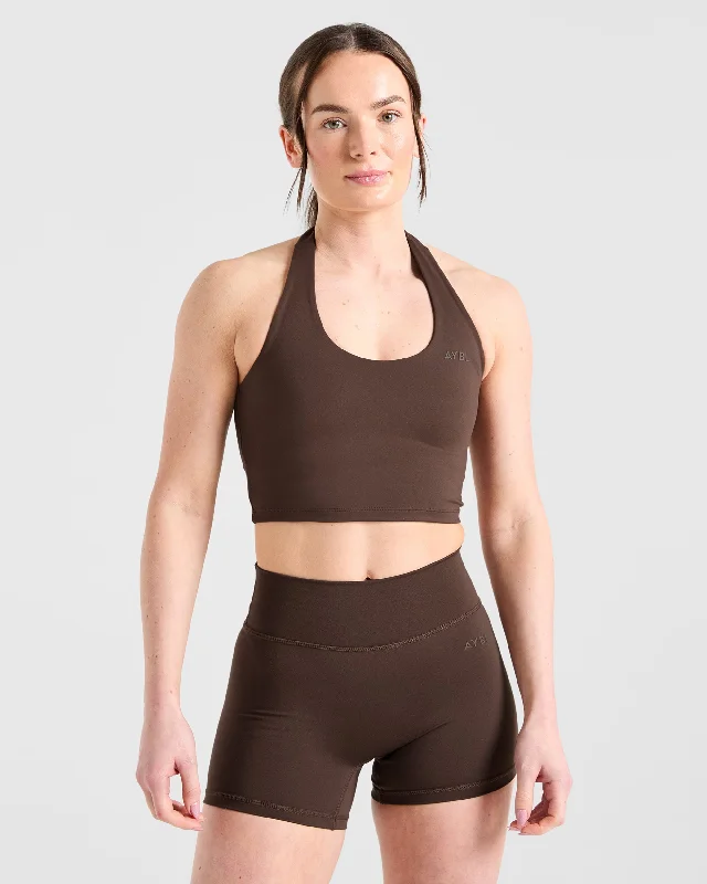 Staple Halterneck Crop Top - Brown Notch Collar Peter Pan Collar Cowl Neck