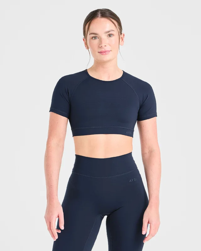 Staple Crop Top - Navy Asymmetrical Pockets Print