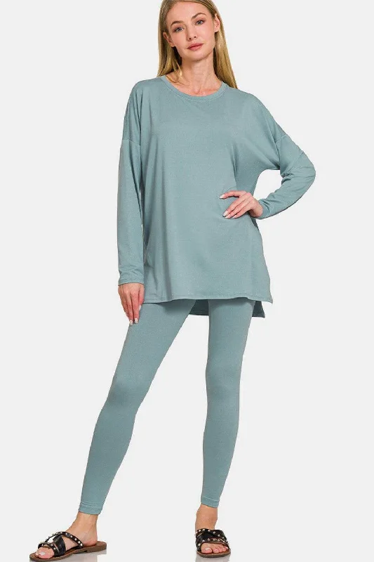 Zenana Full Size Brushed Microfiber Top and Leggings Lounge Set Fashionable Solid Color Tights