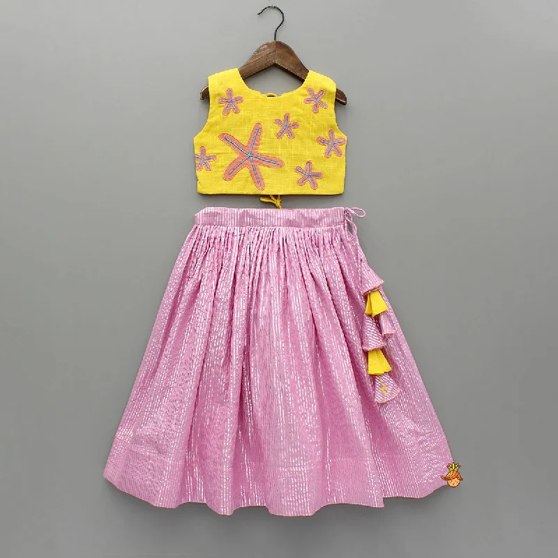 Yellow Thread Embroidered Crop Top And Pleated Lehenga Modern Contemporary Chic