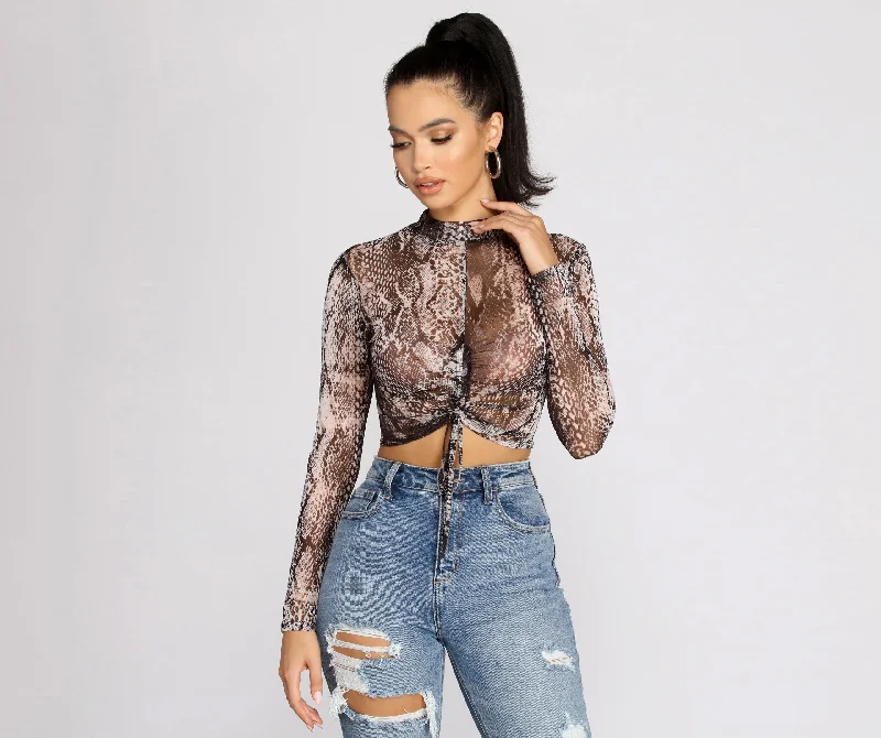 Major Vixen Snake Print Crop Top Elasticated Padded Insulated