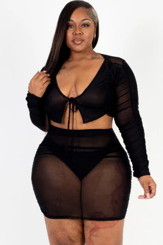 Plus Size Sheer Mesh Tie Front Crop Top & Ruched Side Mini Dress Iron Safe Non-Iron Wrinkle Free Plus Size Sheer Mesh Tie Front Crop Top & Ruched Side Mini Dress Iron Safe Non-Iron Wrinkle Free