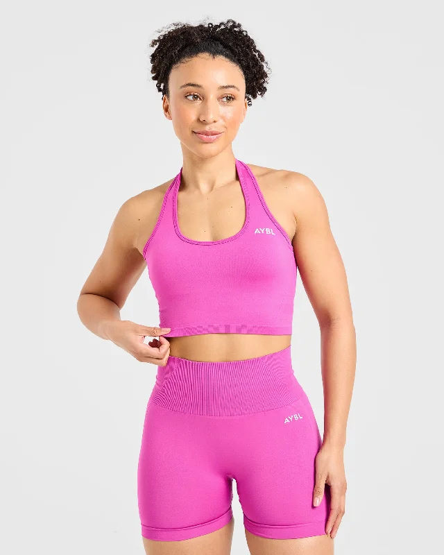 Empower Seamless Halterneck Crop Top - Magenta Beaded Sequined Faux Fur