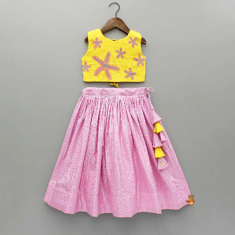 Pre Order: Yellow Thread Embroidered Crop Top And Pleated Lehenga Collared Crew Neck Turtle Neck Pre Order: Yellow Thread Embroidered Crop Top And Pleated Lehenga Collared Crew Neck Turtle Neck