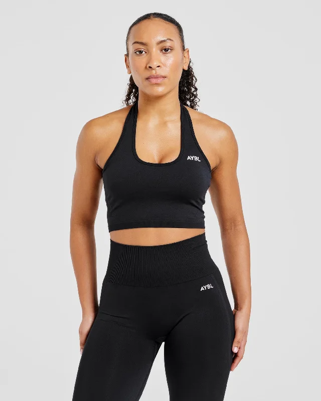 Empower Seamless Halterneck Crop Top - Black Elasticated Padded Insulated