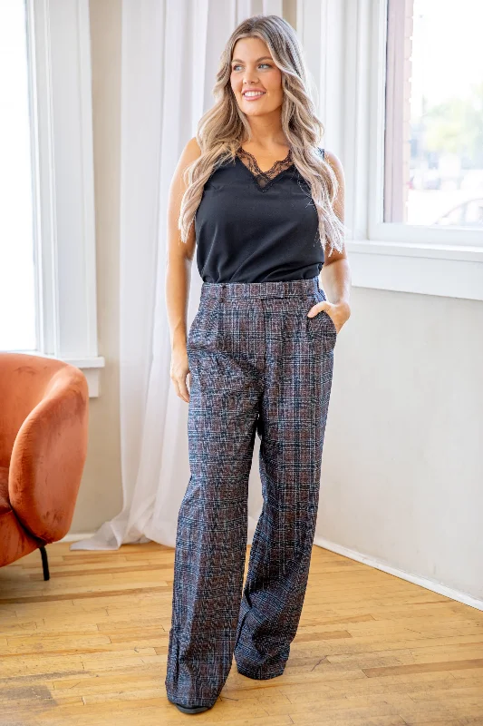 Brown and Navy Plaid Wide Leg Trousers Trousers Chinos Classic