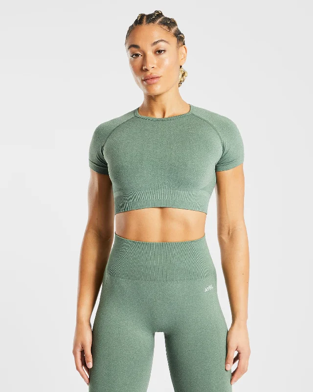 Empower Seamless Crop Top - Olive Marl Lace Blend Ribbed Blend Corduroy Blend
