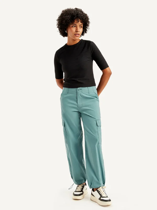 Women's Mid Rise Green Baggy Fit Cargo Trousers Trousers Pleated Formal