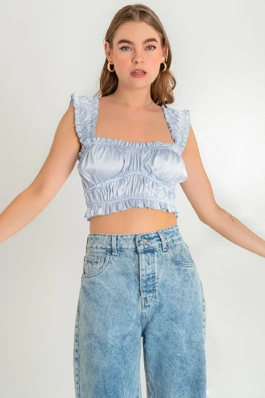 Crop top satinado plisado tirantes con olanes Graphic Embroidered Appliqued