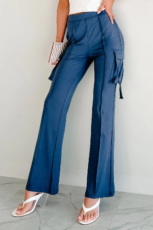 Easy Does It High Rise Cargo Bootcut Leggings (Blue) Cozy Oversized Leggings