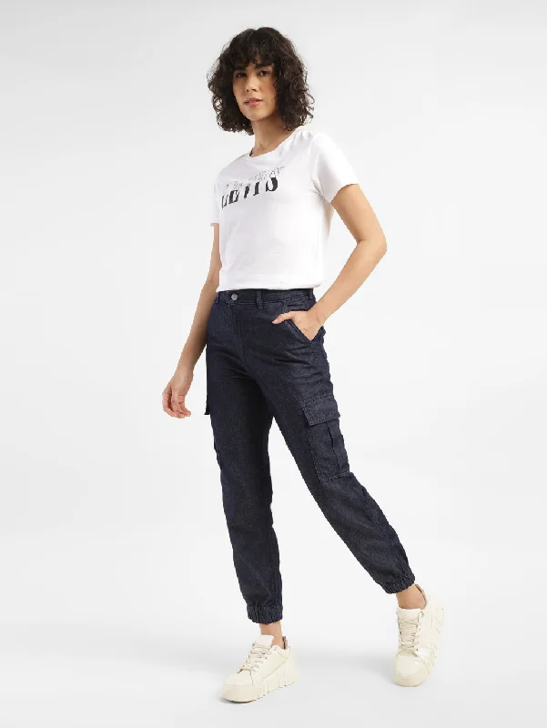 Women's Mid Rise Blue Cargo Trousers Trousers Cargo pockets