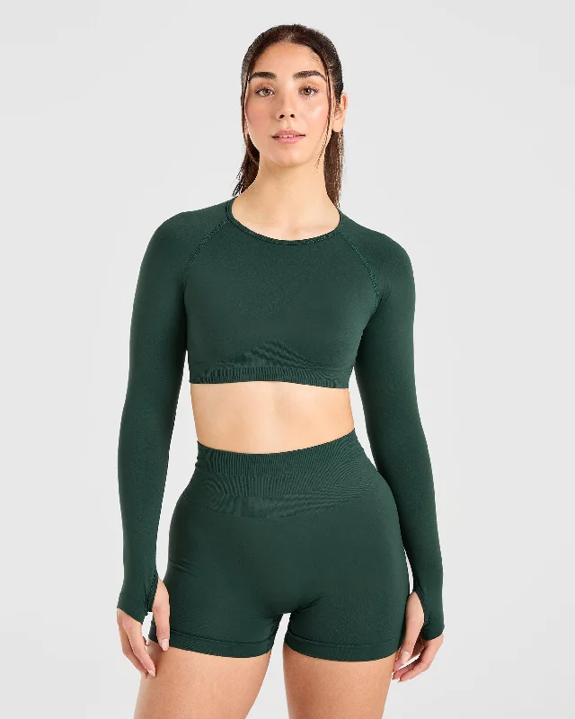 Power Seamless Long Sleeve Crop Top - Evergreen Fleece Nylon Spandex