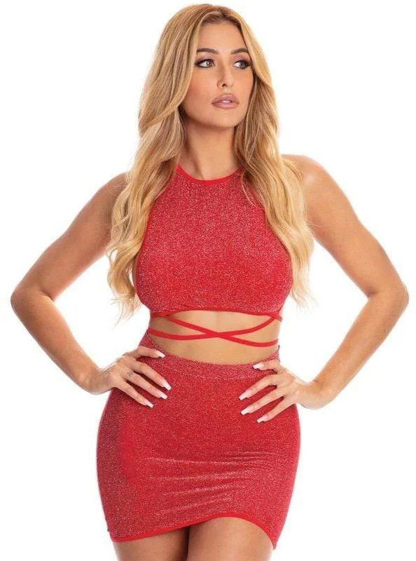 Red Midnight Sun Sparkle Halter Crop Top & Mini Skirt Set (Black also available) Chenille Blend Fleece Blend Nylon Blend