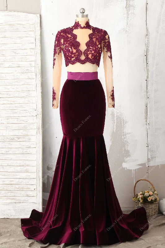 Two Piece Plum Lace Velvet Mermaid Prom Dress Sexy Sheer Crop Top Collared Crew Neck Turtle Neck Two Piece Plum Lace Velvet Mermaid Prom Dress Sexy Sheer Crop Top Collared Crew Neck Turtle Neck