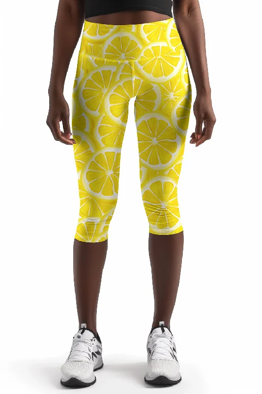 A Piece of Sun Ellie Yellow Lemon Print Yoga Capri Leggings - Women Trendy Cut-Out Activewear Leggings A Piece of Sun Ellie Yellow Lemon Print Yoga Capri Leggings - Women Trendy Cut-Out Activewear Leggings