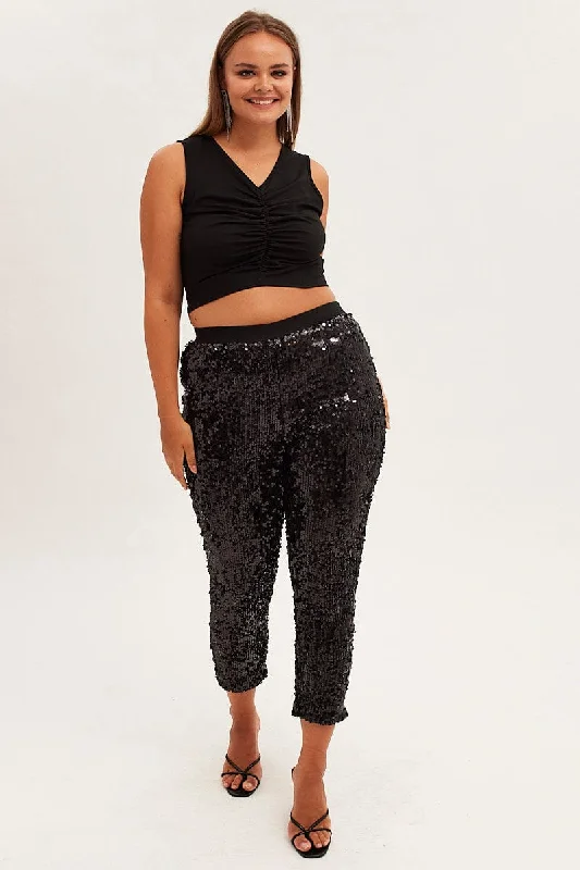 Black Sequin Leggings Pull On Stretch Cozy Reflective Detail Leggings