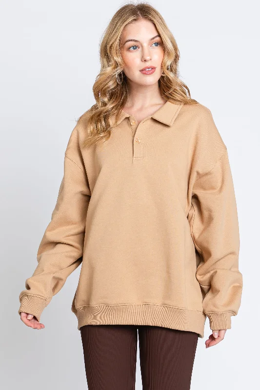Taupe Collared Pullover Sweatshirt Boat Neck Sweater