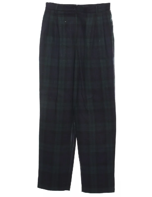 Checked Navy & Dark Green 1990s Trousers - W28 L29 Trousers Yoga Stretchy