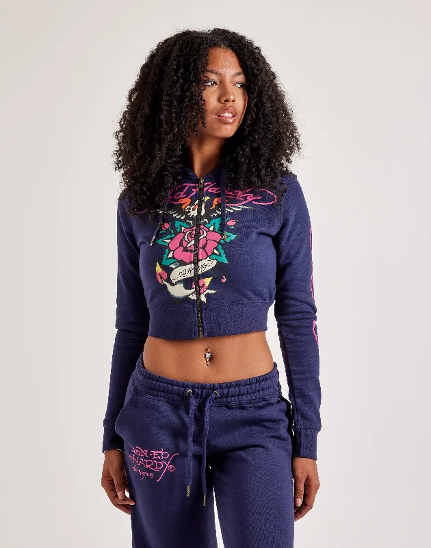 Ed Hardy Eagle Rose Full-Zip Fleece Hoodie Hoodie with Hem Fringe Bohemian Relaxed