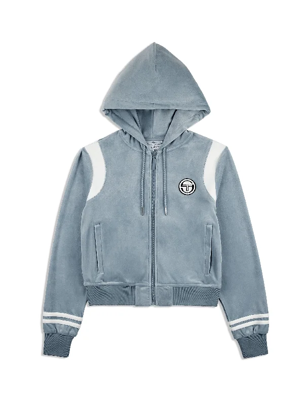 Veneto Velour Zip-Up Hoodie- Celestial Blue Hoodie with Hem Fringe Bohemian Relaxed