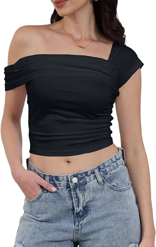 Off Shoulder Short Sleeve Crop Top Anti-Shrink Durable Soft