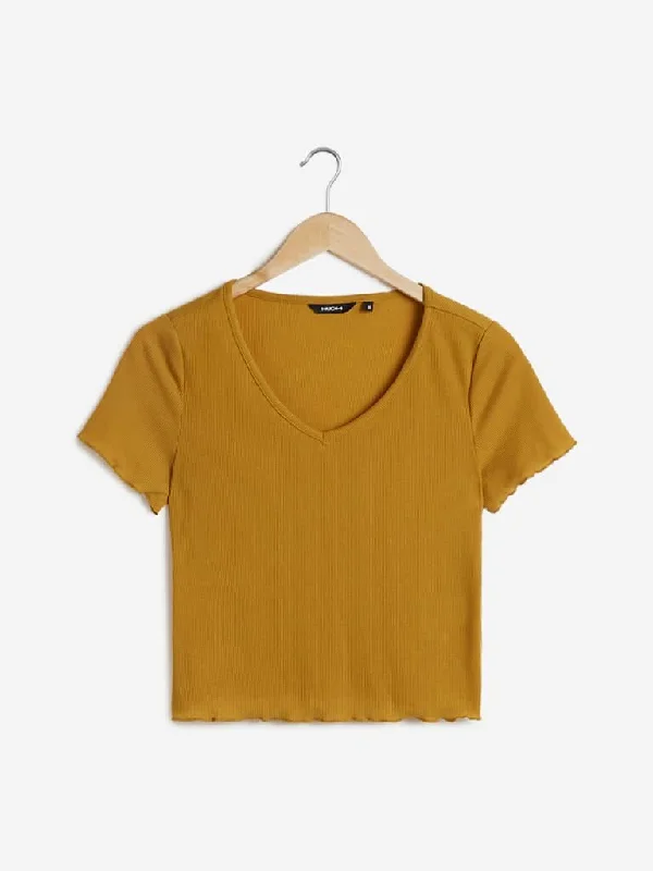 Nuon Mustard Ribbed Regina Crop Top Front Pockets Side Pockets Patch Pockets