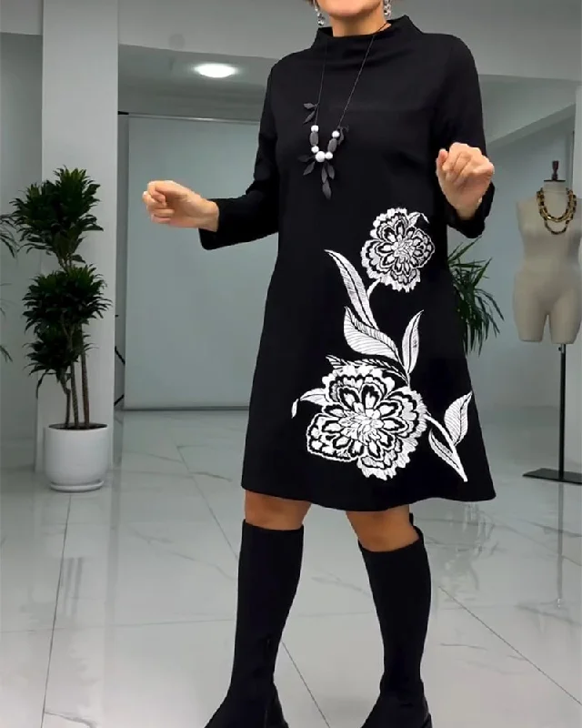 Pullover Long Sleeve Floral Print Dress Saggy Sleeve Comfort