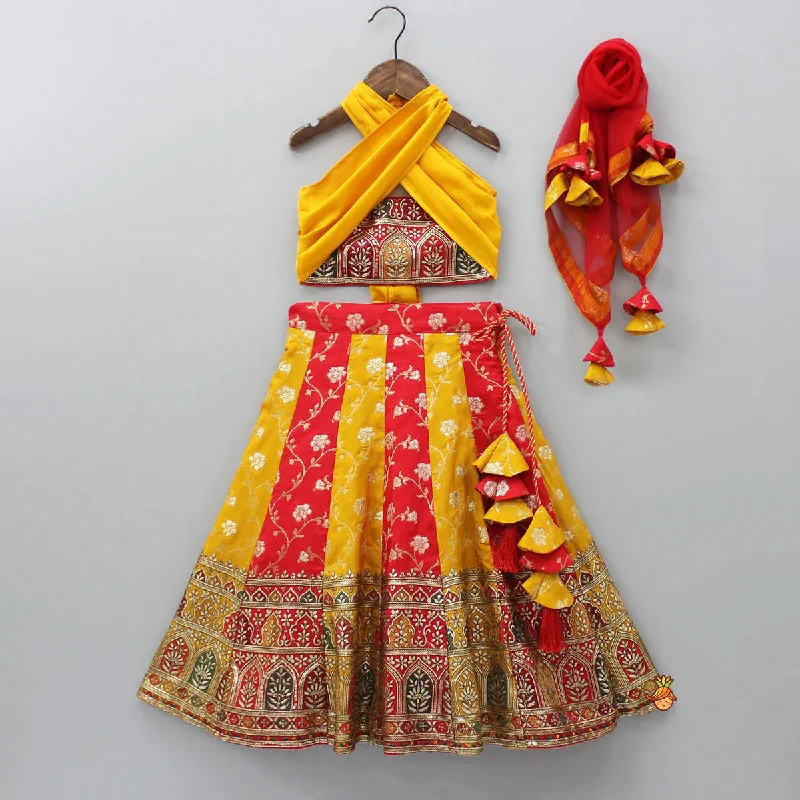 Pre Order: Embroidered Crop Top With Colour Blocked Lehenga And Net Dupatta Wool Fabric Cashmere Fabric Tweed Fabric Pre Order: Embroidered Crop Top With Colour Blocked Lehenga And Net Dupatta Wool Fabric Cashmere Fabric Tweed Fabric