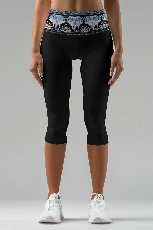 Sri Lanka Ellie Black Boho Elephant Print Yoga Capri Leggings - Women Trendy Fitness Leggings Sri Lanka Ellie Black Boho Elephant Print Yoga Capri Leggings - Women Trendy Fitness Leggings