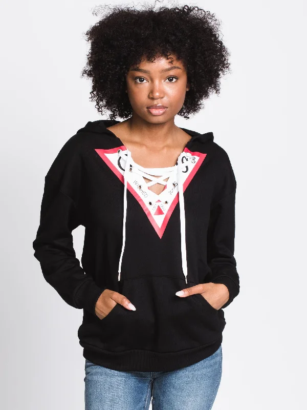 GUESS TRIANGLE LACE FRONT PULLOVER HOODIE - CLEARANCE Hoodie with Patch Decorative Personalized