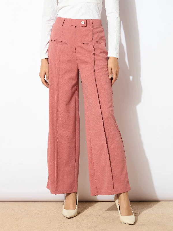 Women Peach Front Pleated Straight Fit Trousers Trousers Evening Elegant