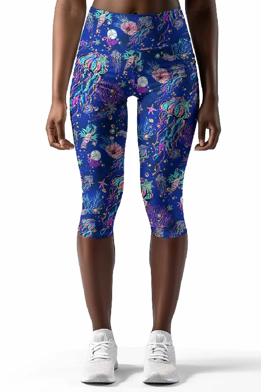 Jellyfish Ellie Blue Performance Yoga Capri Leggings - Women Stylish Colorful Activewear Leggings Jellyfish Ellie Blue Performance Yoga Capri Leggings - Women Stylish Colorful Activewear Leggings