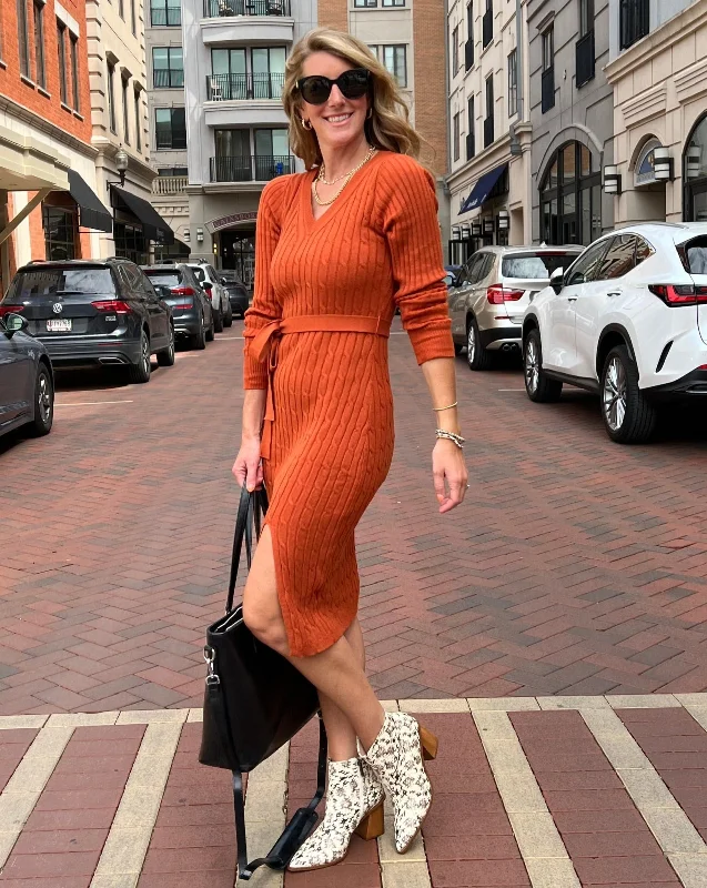 MEROKEETY Pullover Belted Bodycon Slit Sweater Dress Oversized Cozy Pullover