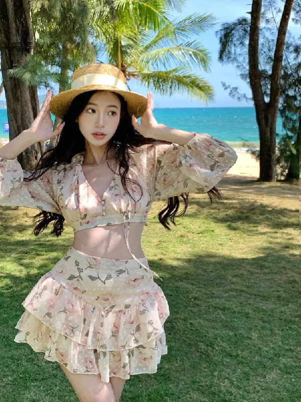 Casual Sexy Backless Two Piece Set Spring Long Sleeve Crop Top + High Waist Cake Mini Skirt Slim Beach Floral 2 Piece Outfits Hooded Caped Shawl Collar