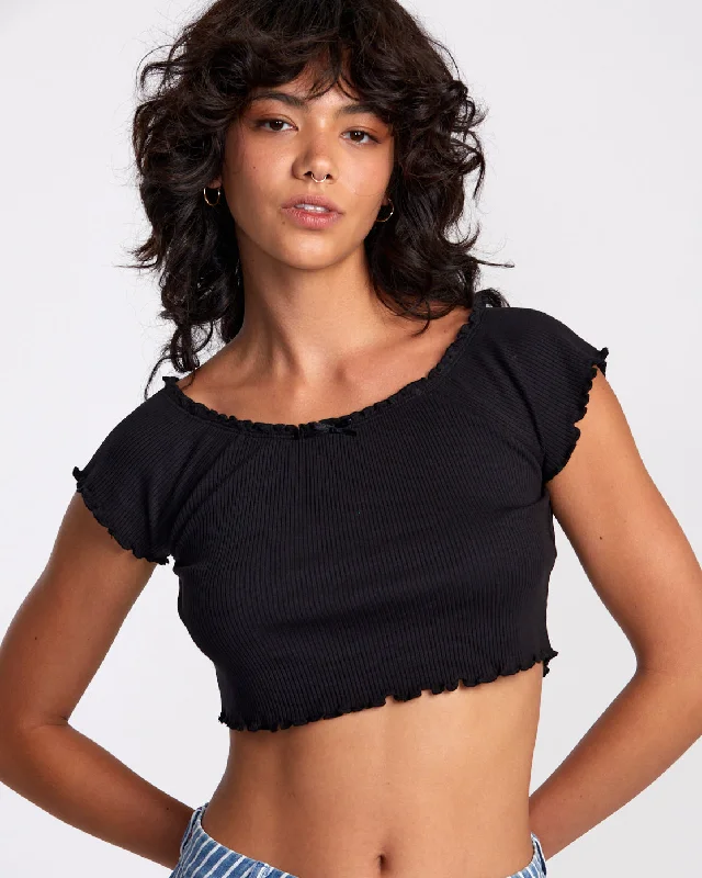 Delilah Off-The-Shoulder Crop Top - RVCA Black Real Fur Shearling Chenille