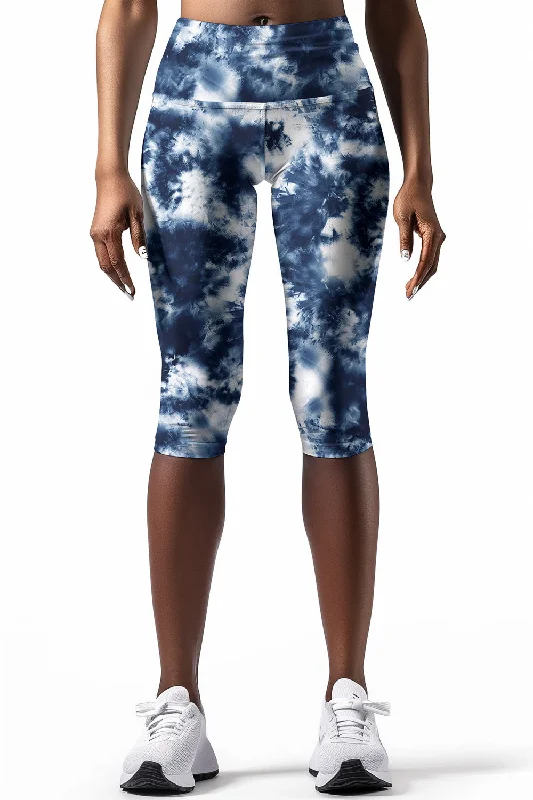 Waterfall Ellie Blue Tie Dye Performance Yoga Capri Leggings - Women Trendy High-Waist Tummy Control Leggings Waterfall Ellie Blue Tie Dye Performance Yoga Capri Leggings - Women Trendy High-Waist Tummy Control Leggings