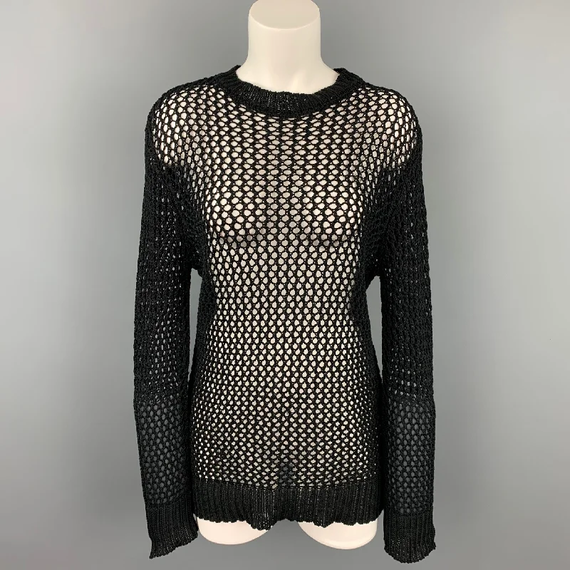 DRIES VAN NOTEN Size L Black Mesh Cotton Crew-neck Pullover Cap Sleeve Casual