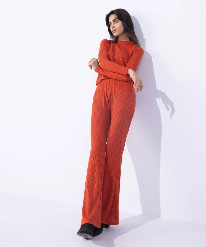 Ribbed Flared Trousers Trousers Striped Patterned