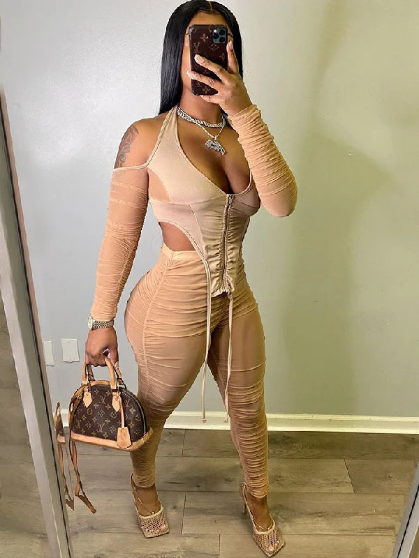 Two Piece Long Sleeve Mesh Crop Tops & Long Pants Cozy Warm Stylish