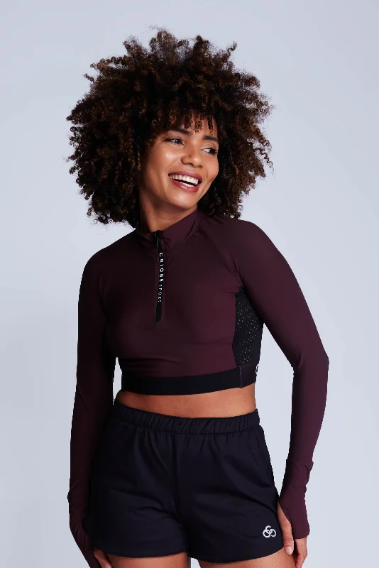 Ignite Long-Sleeve Crop Top in Truffle Silk Blend Satin Velvet