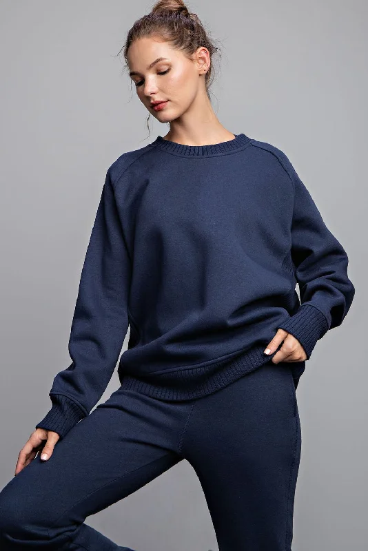 Navy Blue Pullover Terry Crewneck Thick Cable Knit