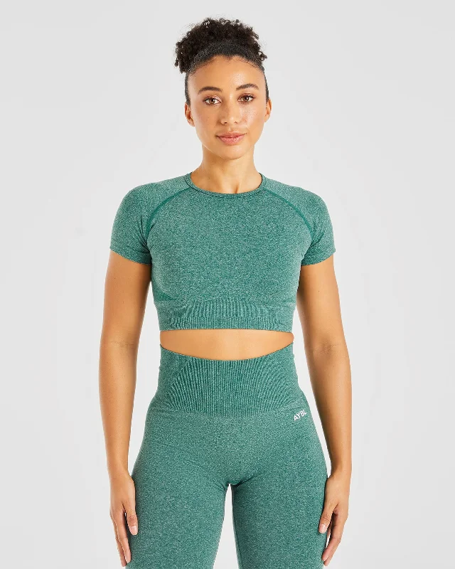 Empower Seamless Crop Top - Forest Green Marl Houndstooth Herringbone Solid